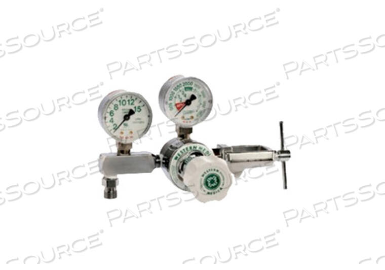 SINGLE STAGE OXYGEN FLOW GAUGE REGULATOR, CHROME PLATED BRASS, 3000 PSI MAX INLET, 2 IN, 1 TO 8 LPM FLOW, 7.32 IN X 6.63 IN by Western Enterprises