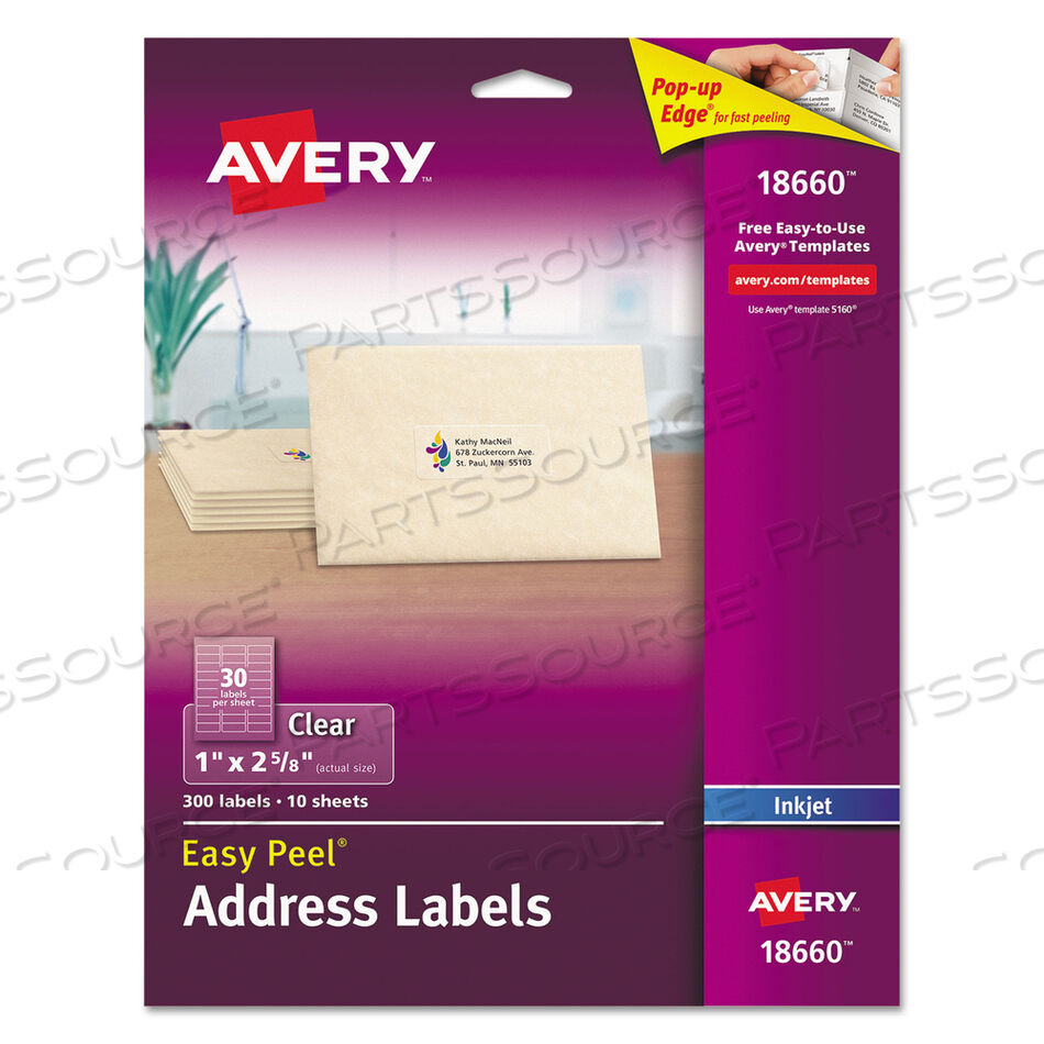 MATTE CLEAR EASY PEEL MAILING LABELS W/ SURE FEED TECHNOLOGY, INKJET PRINTERS, 1 X 2.63, CLEAR, 30/SHEET, 10 SHEETS/PACK by Avery