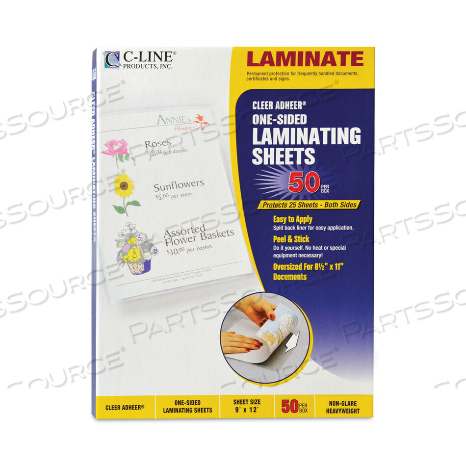 CLEER ADHEER SELF-ADHESIVE LAMINATING FILM, 2 MIL, 9" X 12", NON-GLARE CLEAR, 50/BOX by C-Line
