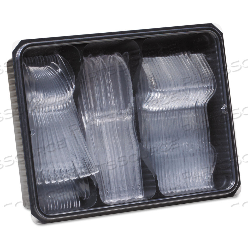 CUTLERY KEEPER TRAY WITH CLEAR PLASTIC UTENSILS: 600 FORKS, 600 KNIVES, 600 SPOONS by Dixie