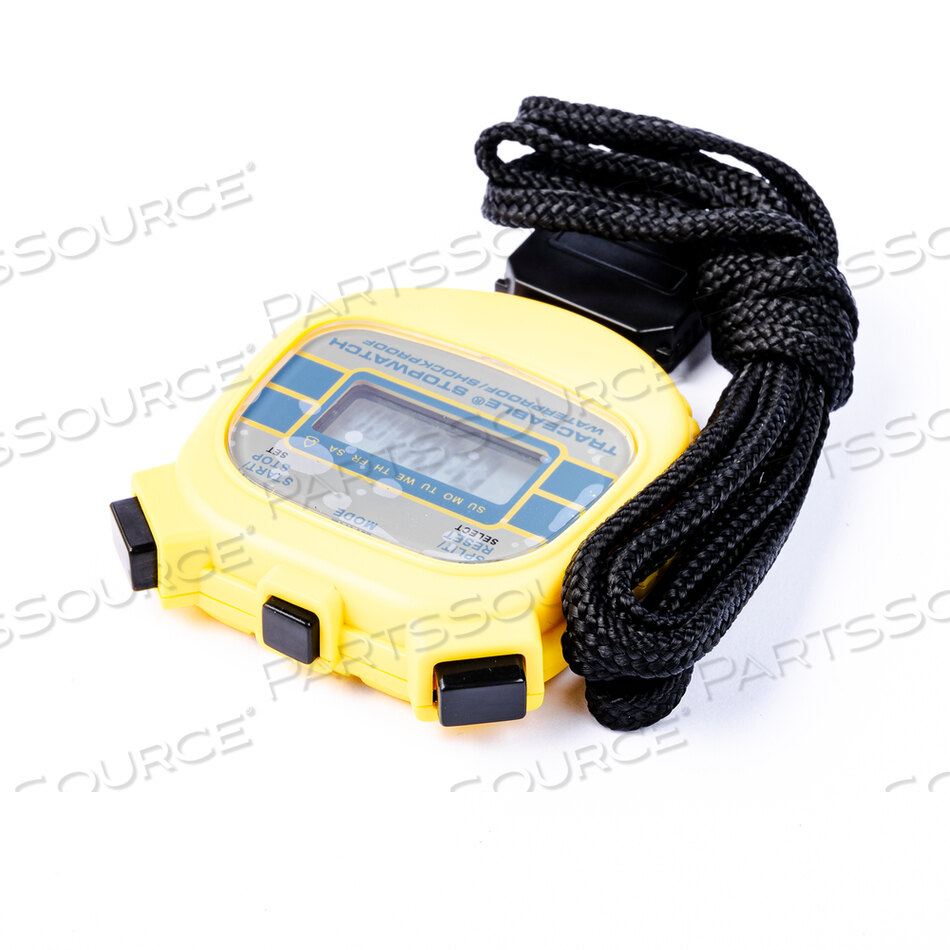 WATERPROOF/SHOCK-RESISTANT STOPWATCH, 24 HR, +/-8 SEC/DAY, LCD DISPLAY, 1.5 V 1.5 V BUTTON CELL, YELLOW, 2 IN X 2 IN X 1-1/2 IN, MEETS CE, NIS by Cole-Parmer Instrument Company