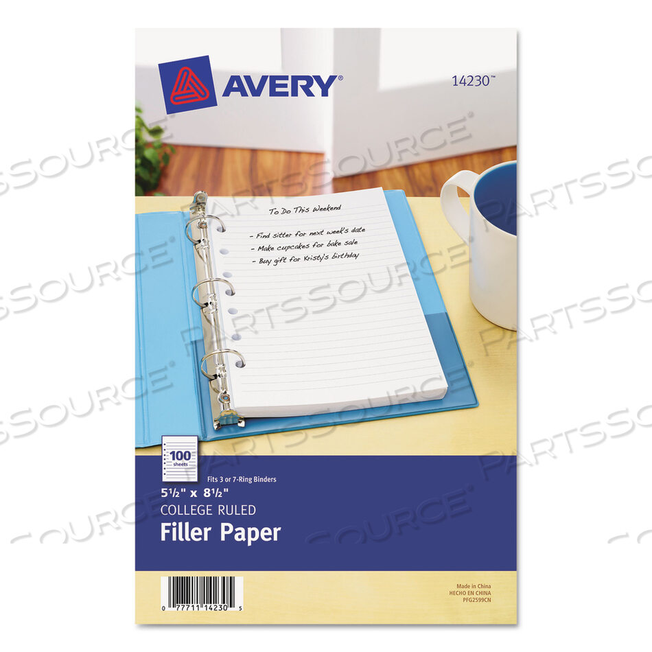 MINI SIZE BINDER FILLER PAPER, 7-HOLE SIDE PUNCHED, 5.5 X 8.5, COLLEGE RULE, 100/PACK by Avery