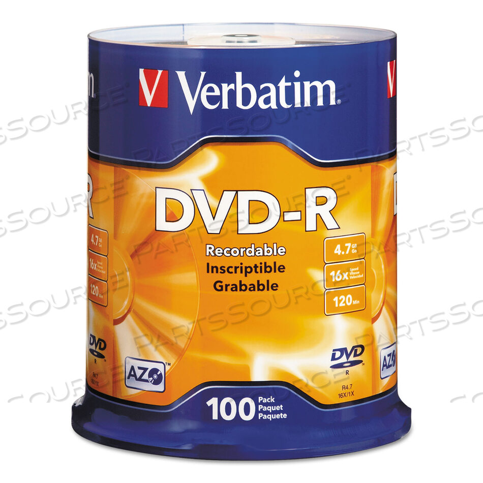 DVD-R RECORDABLE DISC, 4.7 GB, 16X, SPINDLE, SILVER, 100/PACK by Verbatim