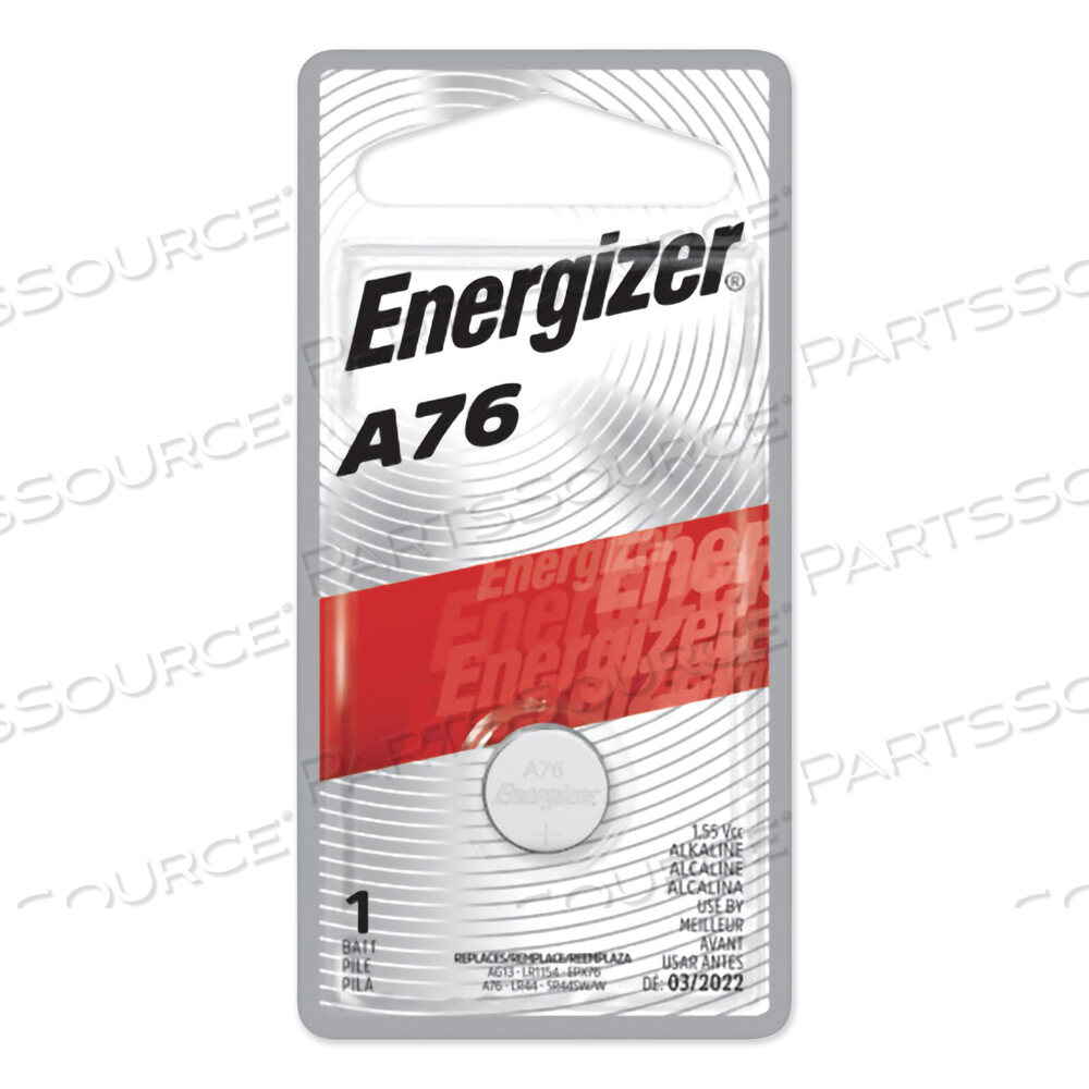 BATTERY, BUTTON CELL, A76, ALKALINE, 1.5V, 150 MAH by Energizer