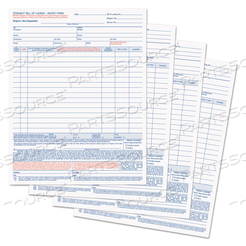 BILL OF LADING, FOUR-PART CARBONLESS, 8.5 X 11, 50 FORMS TOTAL by Tops