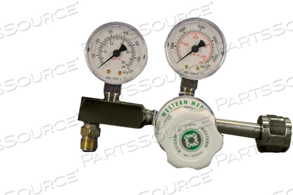 ADJUSTABLE SINGLE STAGE REGULATOR, CGA 320 NUT AND NIPPLE, 0 TO 100 PSI DELIVERY, 3000 PSI INLET, MEETS FDA, ISO 9001, 2 IN DIA by Western Enterprises