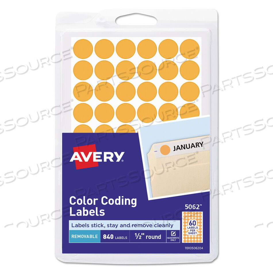 HANDWRITE ONLY SELF-ADHESIVE REMOVABLE ROUND COLOR-CODING LABELS, 0.5" DIA, NEON ORANGE, 60/SHEET, 14 SHEETS/PACK, (5062) by Avery