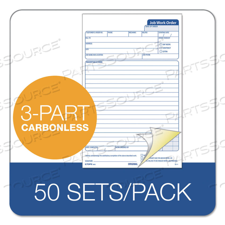 JOB WORK ORDER, THREE-PART CARBONLESS, 5.66 X 8.63, 50 FORMS TOTAL by Tops