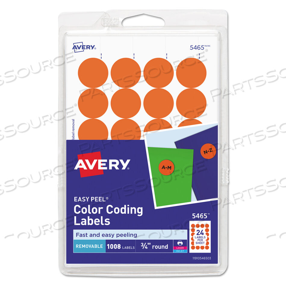 PRINTABLE SELF-ADHESIVE REMOVABLE COLOR-CODING LABELS, 0.75" DIA, ORANGE, 24/SHEET, 42 SHEETS/PACK, (5465) by Avery