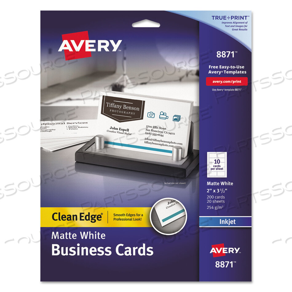 TRUE PRINT CLEAN EDGE BUSINESS CARDS, INKJET, 2 X 3.5, WHITE, 200 CARDS, 10 CARDS/SHEET, 20 SHEETS/PACK by Avery