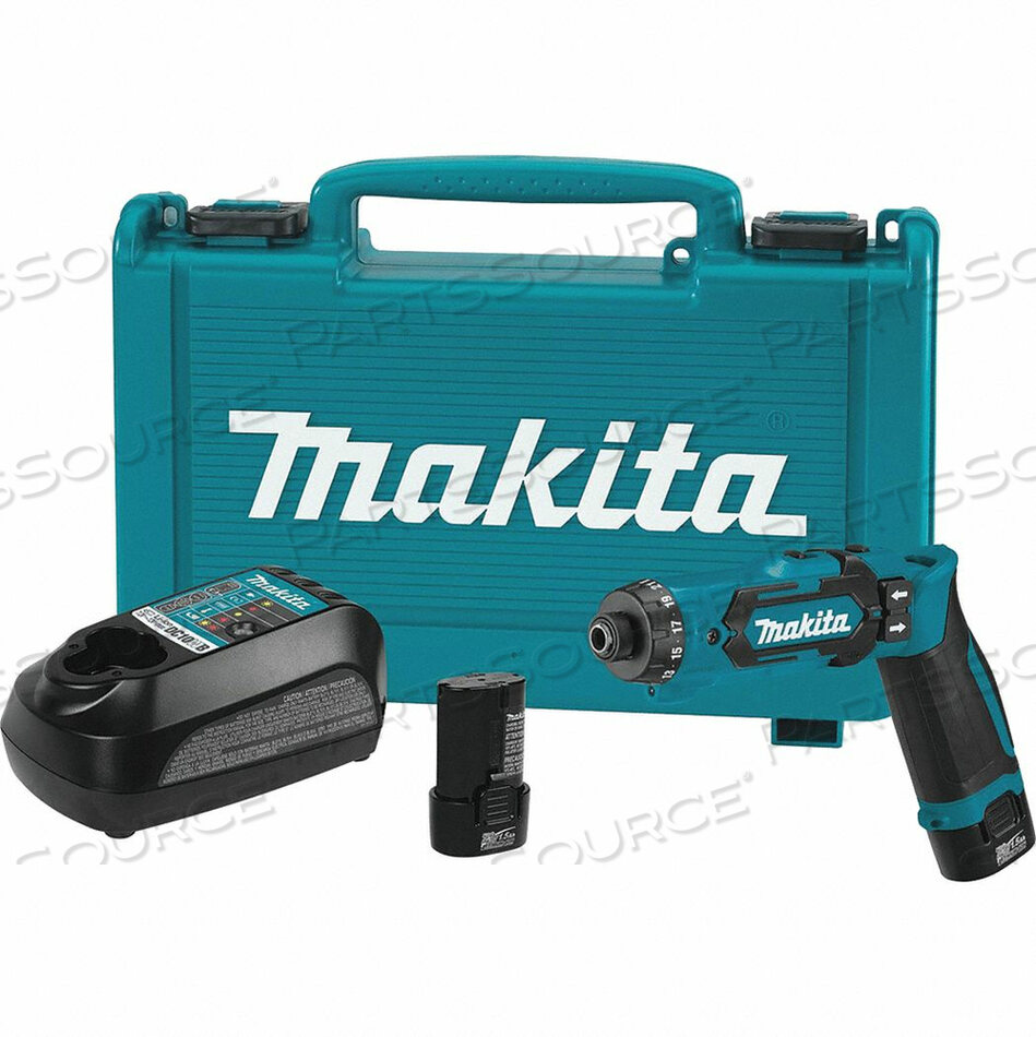 CORDLESS DRILL KIT, 32 TO 71 IN-LB, 1/4 IN CHUCK, 1.5 AH, 650 RPM, 7.2 VDC, PLASTIC, PISTOL GRIP by Makita